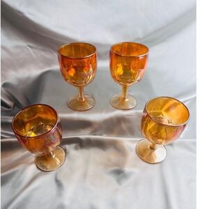 Marigold Carnival Glass Star Goblets Iridescent Orange Set of 4 6.125in